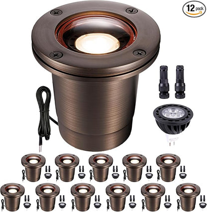 Gardenreet Landscape Well Lights Brass - IP67 Low Voltage In-Ground Light, 12V LED Electric Outdoor Lighting, Antique Bronze for Tree Lawn Garden with 2700K Warm MR16 Bulb (12 Pack)