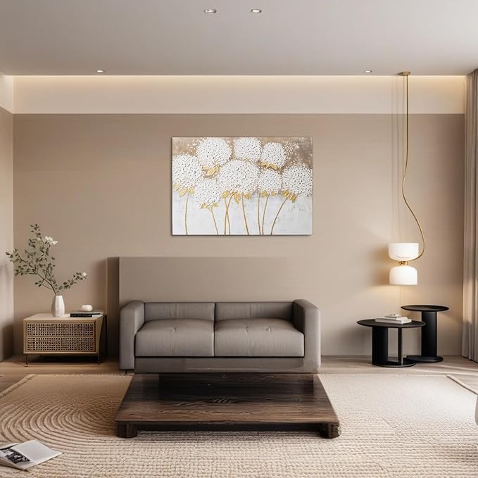 JolyWell Large hand painted wall art White Hydrangea Canvas Wall decor, Modern Floral Wall Decor, 3D Textured Oil Painting, Large Canvas Wall Art for Living Room Bedroom Office Decoration 40x28 Inch