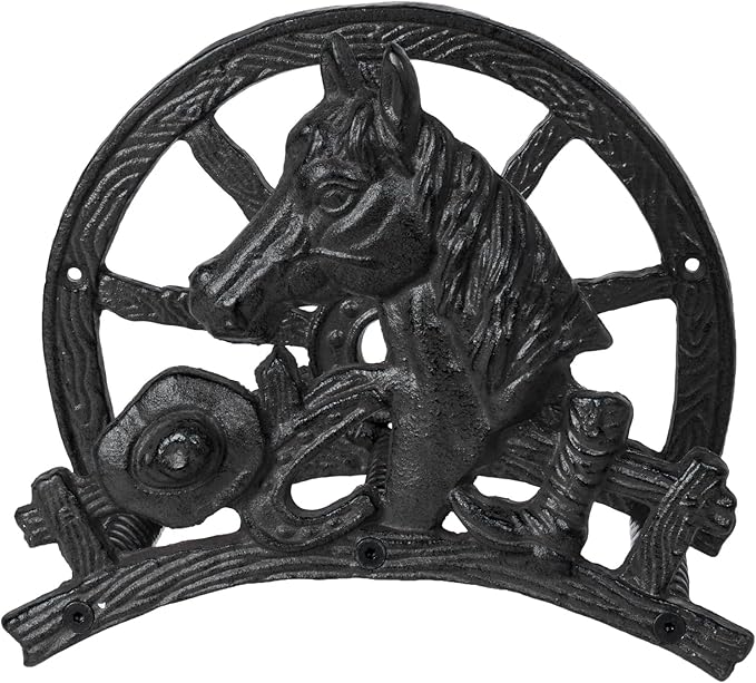 MyGift Heavy Duty Hose Holder, Cast Iron Outdoor Garden Hose Hanger Wall Mounted Water Hose Holder Reel with Vintage Scrollwork Design (Horse and Wagon)