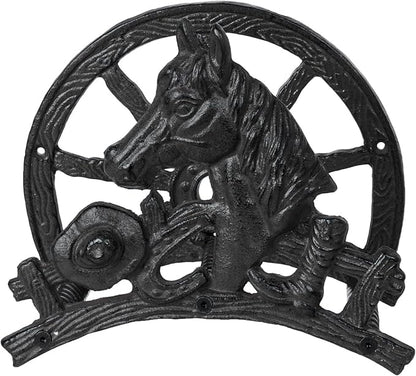 MyGift Heavy Duty Hose Holder, Cast Iron Outdoor Garden Hose Hanger Wall Mounted Water Hose Holder Reel with Vintage Scrollwork Design (Horse and Wagon)