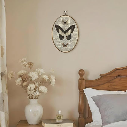 LKETW Vintage Butterfly Oval Wall Art Decor, Cottagecore Dictionary Butterfly Oval Canvas Hanging Decor, Retro Moth Insect Wall Decorations for Home Bedroom Living Room, 8.6x11.4 Inch