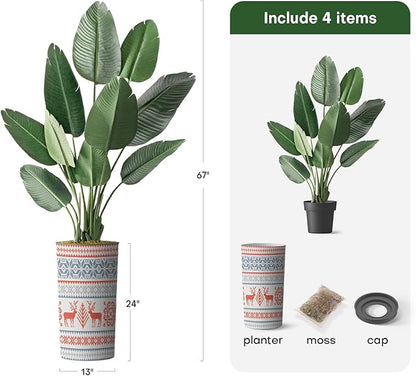 Artificial Tree in Contemporary Snowflake Pattern Planter, Fake Bird of Paradise Silk Tree for Indoor and Outdoor Home Decoration - 67" Overall Tall (Plant Pot Plus Tree)