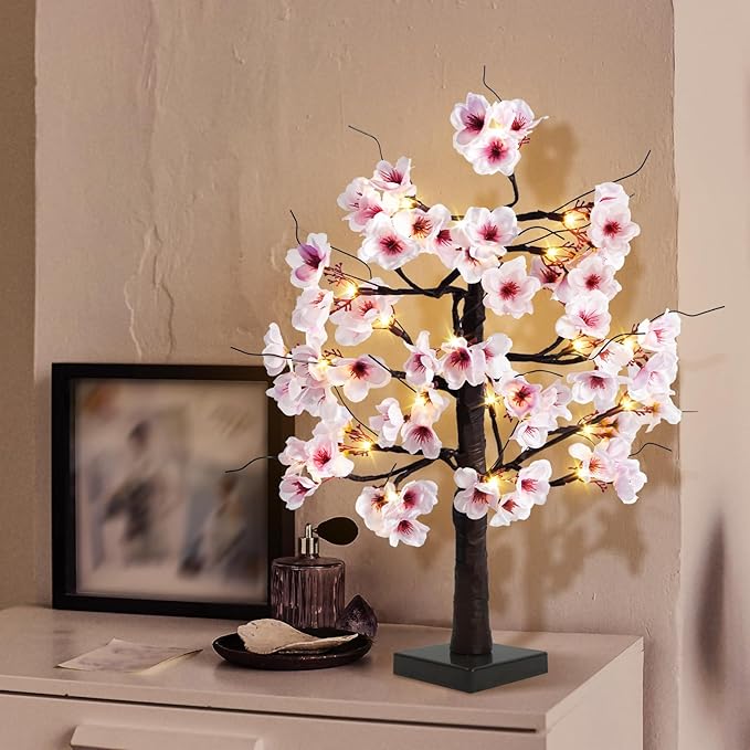 Uieke 24IN Lighted Cherry Blossom Tree 24 Warm White LED Tabletop Artifical Bonsai Tree with Timer Battery Operated for Wedding Party Spring Christmas Home Indoor Japanese Room Decor