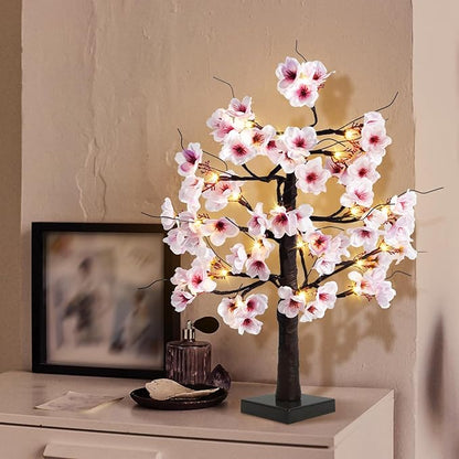 Uieke 24IN Lighted Cherry Blossom Tree 24 Warm White LED Tabletop Artifical Bonsai Tree with Timer Battery Operated for Wedding Party Spring Christmas Home Indoor Japanese Room Decor