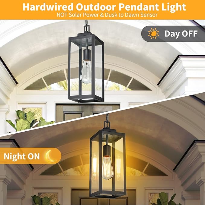15'' Large Outdoor Pendant Light, Modern Outside Chandelier Outdoor Hanging Lantern Light, Matte Black with Clear Glass, Exterior Pendant Lighting Fixture Ceiling Mount for Porch, Gazebo, 1Pack