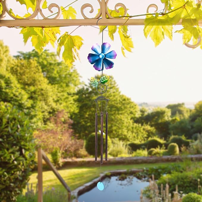 MUMTOP Wind Chimes for Outside Clearance - Garden Wind Chimes with Flower Wind Spinner, 33 Inch Deep Tone Metal Memorial Sympathy Windchimes for Patio Outdoor Porch Yard Decor Gifts(Blue)