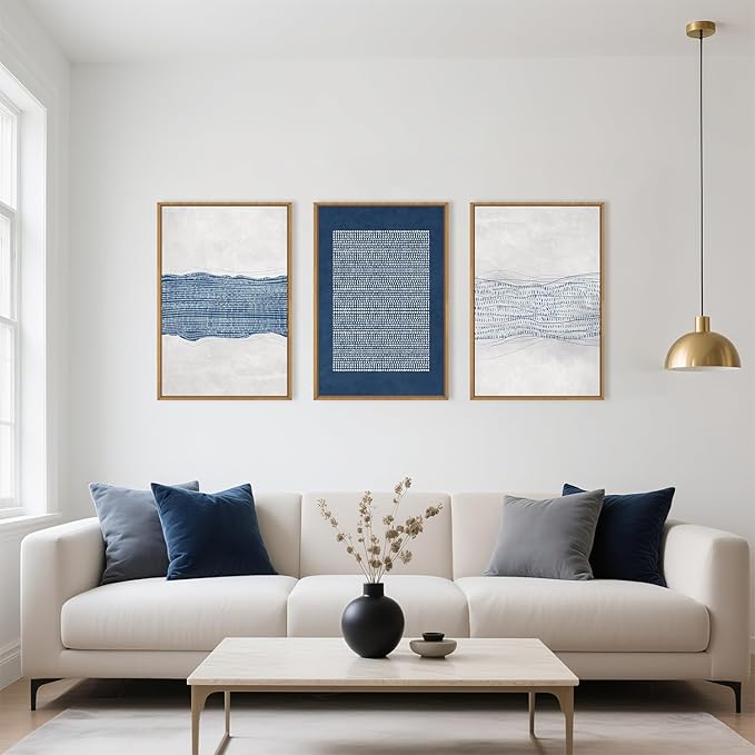 Aryroi Large Abstract Navy Blue and White Framed Canvas Wall Art,Minimalist Boho Waves Lines Wall Decor,Modern Mid Century Artwork,Neutral Geometric Art Print for Living Room,Bedroom,Office- 24"x36"x3