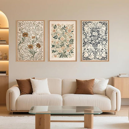 Large Abstract Vintage Flower Framed Canvas Wall Art,Antique Botanical Wall Decor,Neutral Bouquet Wall Painting,Aesthetic Floral Artwork for Living Room,Bedroom,Dining Room,Office -24"x36"x3