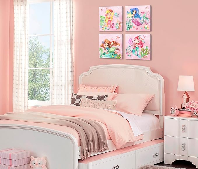 BLINFEIRU Mermaid Canvas Wall Art Set of 4, Cute Pink Watercolor Mermaid Pictures for Girls Room Bathroom Wall Decor, Modern Home Bedroom Nursery Decorations, Framed Artwork 12x12 Inch