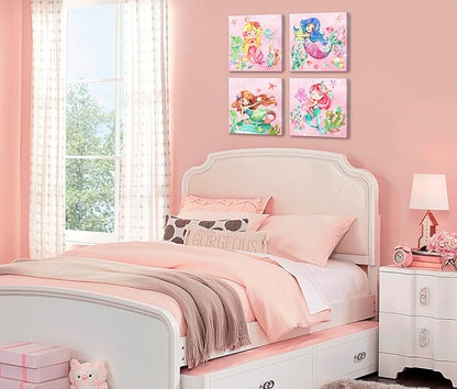 BLINFEIRU Mermaid Canvas Wall Art Set of 4, Cute Pink Watercolor Mermaid Pictures for Girls Room Bathroom Wall Decor, Modern Home Bedroom Nursery Decorations, Framed Artwork 12x12 Inch