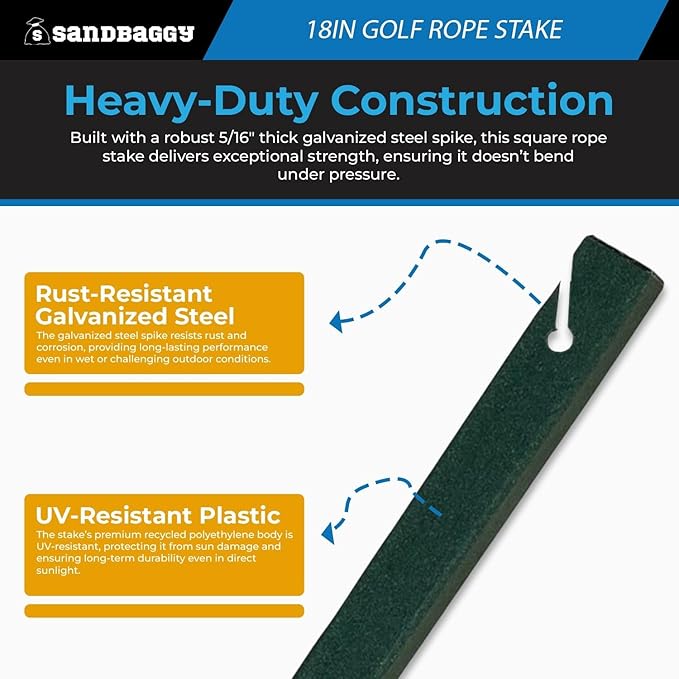 18" Golf Rope Stake - Square Stake (UV Resistant) - Sandbaggy (18-inch, 6, Count)