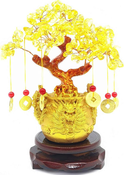 Feng Shui Citrine Quartz Crystal Money Tree Bonsai Style Decoration for Luck and Wealth (Dragon pots)