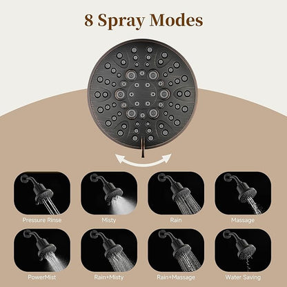 BRIGHT SHOWERS Filtered Shower Head, High Pressure Fixed Showerhead for Hard Water, Dual-Media Filter Removes Chlorine & Impurities, 8 Spray Modes, Oil Rubbed Bronze