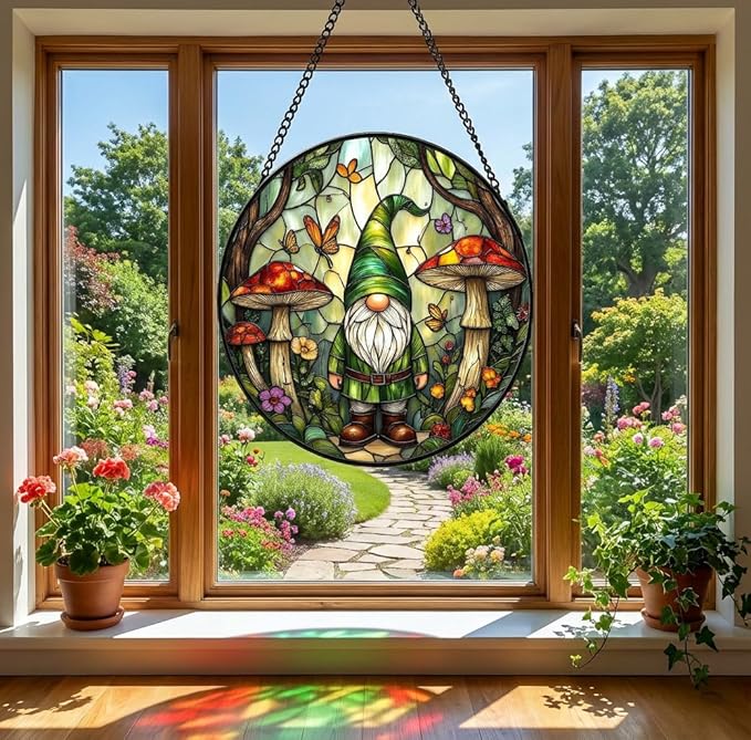Stained Glass Window Hanging Suncatcher, Forest Gnome Sun Catcher with Mushroom & Butterfly, Stained Glass Home Decor Gift for Women Gardeners & Fantasy Lovers GN05