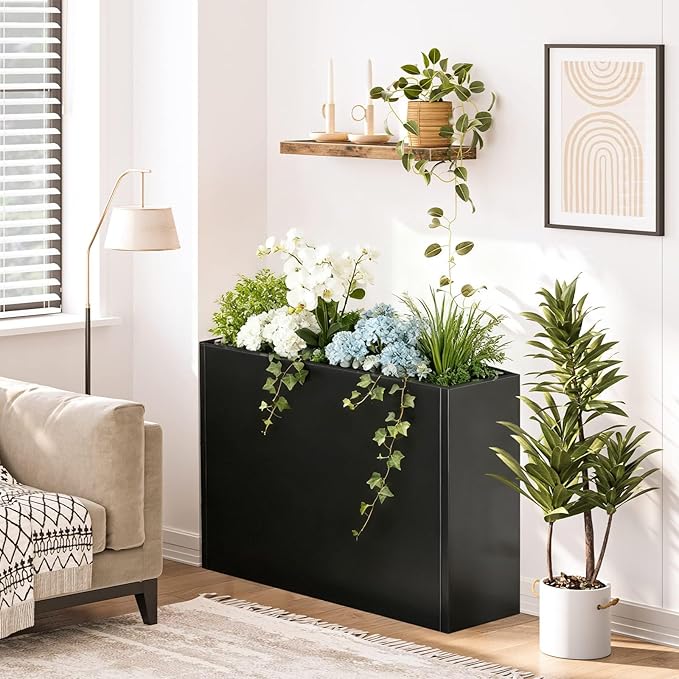 Tall Metal Planter Box for Outdoor Plants 38" L x 13" W x 30", Heavy Duty Steel Large Rectangular Planter Box with Removable Insert Shelf, Modern Décor for Tall Plants, Trees, Flowers (Black)