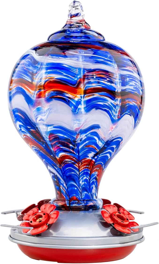 Muse Garden 32OZ Hummingbird Feeders Blown Glass Hummingbird Feeder, Garden Backyard Decor for Outside, Navy Blue