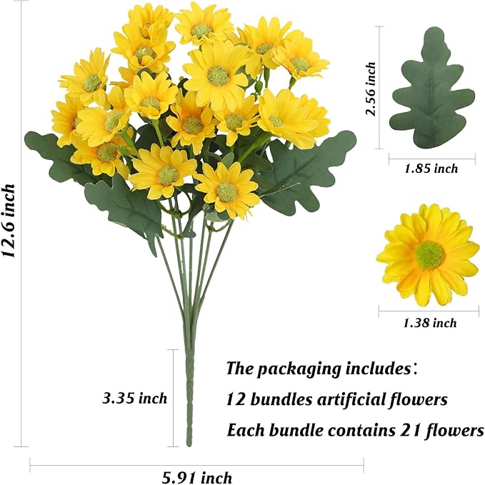Artificial Fake Mums Flowers Plants for Outdoors,12 Bundles Faux mums Mix Silk Glory UV Sun Resistant, Realistic Flowers for Planter Porch Patio Yard Balcony Home Decor (Yellow/White/Pink)