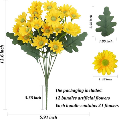 Artificial Fake Mums Flowers Plants for Outdoors,12 Bundles Faux mums Mix Silk Glory UV Sun Resistant, Realistic Flowers for Planter Porch Patio Yard Balcony Home Decor (Yellow/White/Pink)