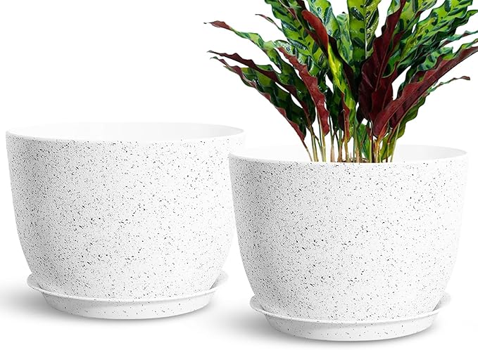 2Pack Large Indoor Planter Pot 12 Inch Plant Pot, Modern Flower Pots for Out Door Plants, Speckled White Plastic Planting Pots with Holes & Trays