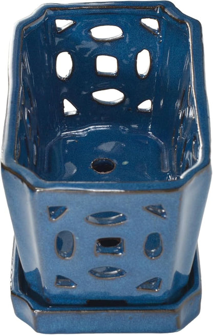 W&W Orchid Pot with Holes and Saucer for Repotting, Blue, 9.7 Inches
