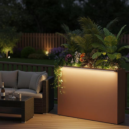 GSK Lighted Brown Metal Planter Box with LED Outdoor | Indoor Rectangular Flower Trough Built-in Light Versatile Rectangle Lighting Planters Easy Assemble Insert Drainage Hole Porch Patio Tarrace Yard