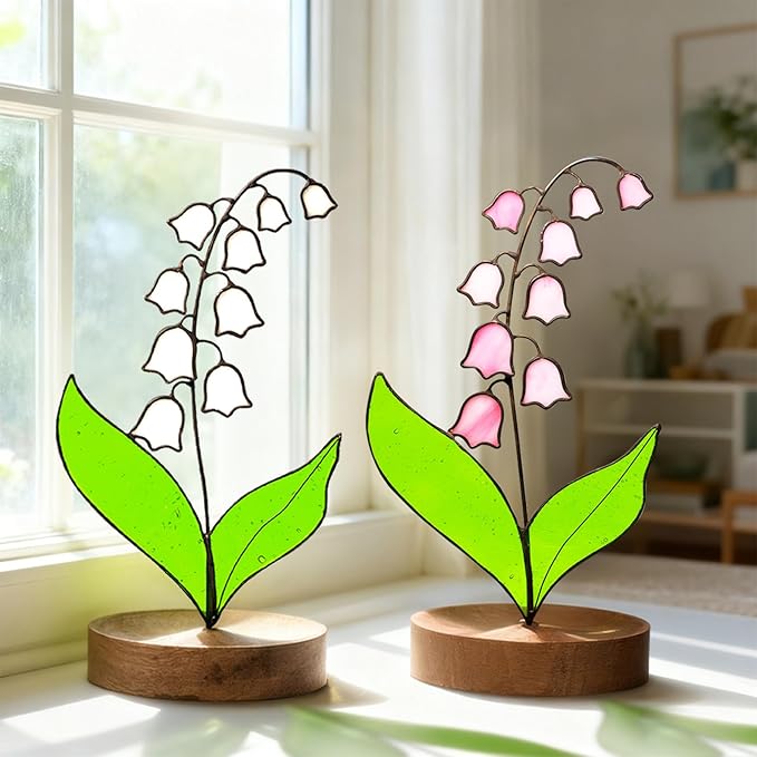 Lily of Valley Stained Glass Decor, Handmade Real Stained Glass Lily of Valley Flower Suncatchers with Walnut Wood Base, Cute Desk Windowsill Decor Plant Gifts for Women,Mom,Plant Lovers (Pink)