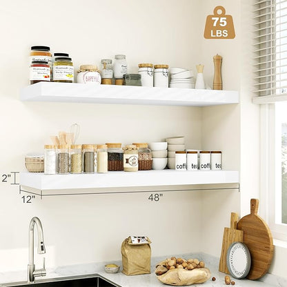 Heimlove White Bathroom Shelves Floating Shelves for Wall Shelf Over Toilet Long Wall Mounted Modern Farmhouse,48 x 12 Shelves with Invisible Brackets for Living Room, Kitchen, Bedroom