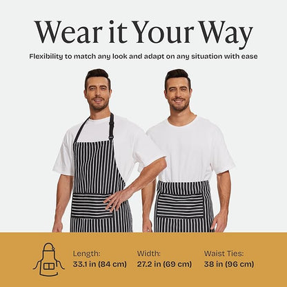 Will Well Kitchen Apron for Men and Women - 33" x 27" Oil-and-Water-Resistant with Adjustable Neck Strap and 38" Waist Ties for a Snug Fit, Lightweight with 2 Front Pockets - 2-Pack, Black