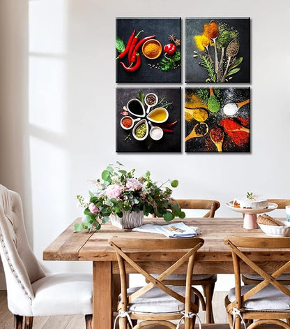 Kitchen Wall Decor Colorful Spices Seasoning Spoon Canvas Wall Art Vintage Painting Picture for Modern Home Dining Room Contemporary Artwork Decoration Stretched and Framed Ready to Hang 12"X12"X4