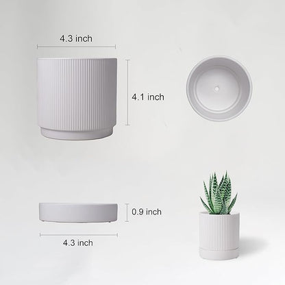 Small Plant Pots, 4 Inch Pots for Indoor Plants, Modern Minimalist Ceramic Plant Pots with Drainage Hole & Saucer, White Set of 2