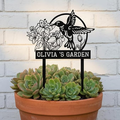 Personalized Metal Garden Stake - Custom Hummingbird & Flower Yard Art - 12"-24" Outdoor Name Sign for Patio, Flower Bed, Backyard Decor - Weatherproof Housewarming or Mother's Day Gift