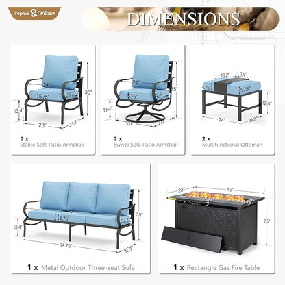 Sophia & William Patio Furniture Sets for 9 with 45" Gas Fire Pit Table Outdoor Conversation Sets 8 Pcs, 2xSofa Chairs, 2xSwivel Cushion Chairs, 1x3-Seat Sofa, 2xOttomans for Porch Poolside Blue