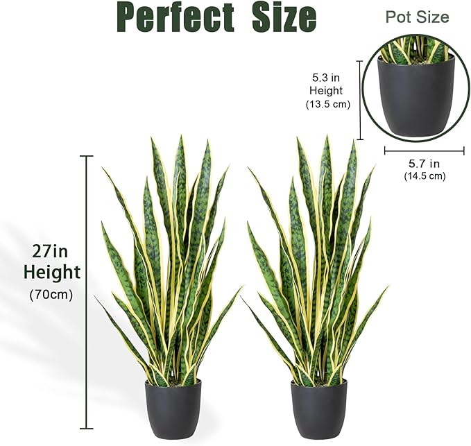 Artificial Snake Plant, 27" Fake Sansevieria with Basket, Faux Plant for Indoor Home Office Desktop Decoration, Perfect Faux Mother in Law Plants 2PCS
