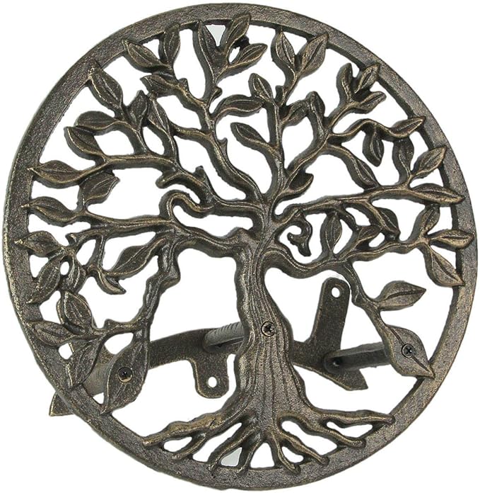 Cast Iron Tree of Life Decorative Wall-Mounted Garden Hose Hanger - Stylish Outdoor Hose Holder Décor with a 12-Inch Diameter - Weather-Resistant Aged Bronze Finish