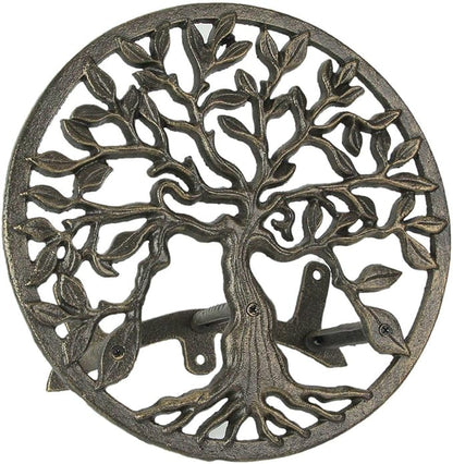 Cast Iron Tree of Life Decorative Wall-Mounted Garden Hose Hanger - Stylish Outdoor Hose Holder Décor with a 12-Inch Diameter - Weather-Resistant Aged Bronze Finish