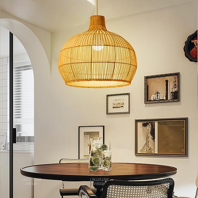 Arturesthome White Rattan Pendant Light for Kitchen Island Sink, Wicker Chandelier, Handmade Woven Hanging Ceiling Light Lampshade