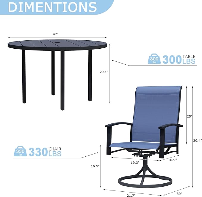 7 Piece Outdoor Dining Set, 47" Black Round Outdoor Dining Table with 6 Blue Swivel Patio Table and Chair Set of 6 for Lawn, Garden, or Porch