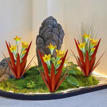Homight Metal Agave Plant Outdoor Decoration Lily Mexican Yard Art Garden Gift Home Decor Hand Painted Metal Agave Garden Yard Statue, Outdoor Lawn Ornaments(3 Big Yellow Lilies)