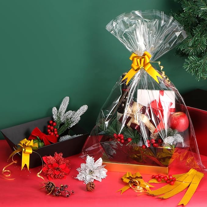 10PACK Black Baskets For Gifts Empty, 10x12”Thick Kraft Gift Basket with 10 Bows 10 Bags Empty Gift Baskets for Christmas, Easter, Birthdays, Snacks, Farmers Market