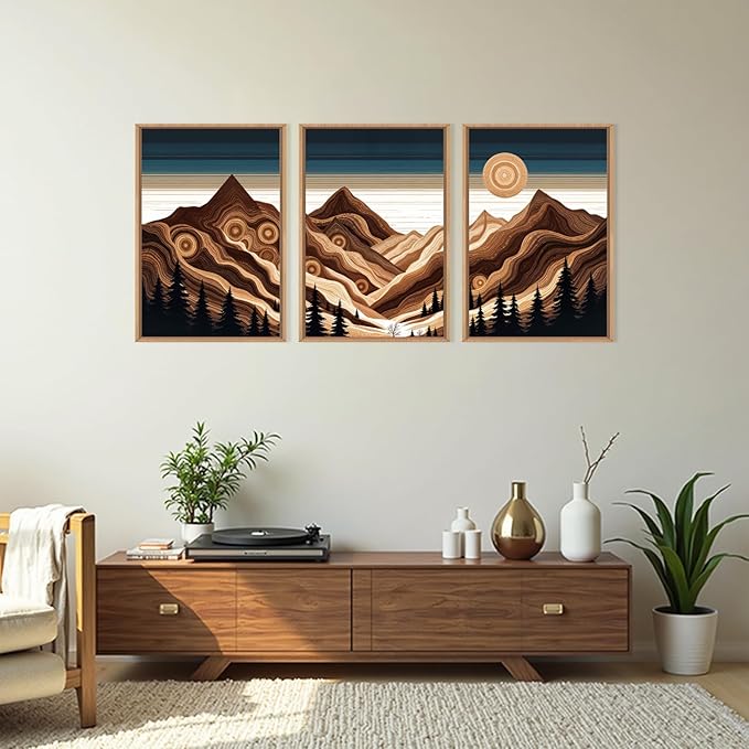 Large Abstract Mountain Woodcut Framed Canvas Wall Art,Modern Tree Ring Wall Decor,Sunrise Ridge Scenery Painting,Retro Desert Artwork for Living Room,Bedroom,Dining Room,Office -24"x36"x3