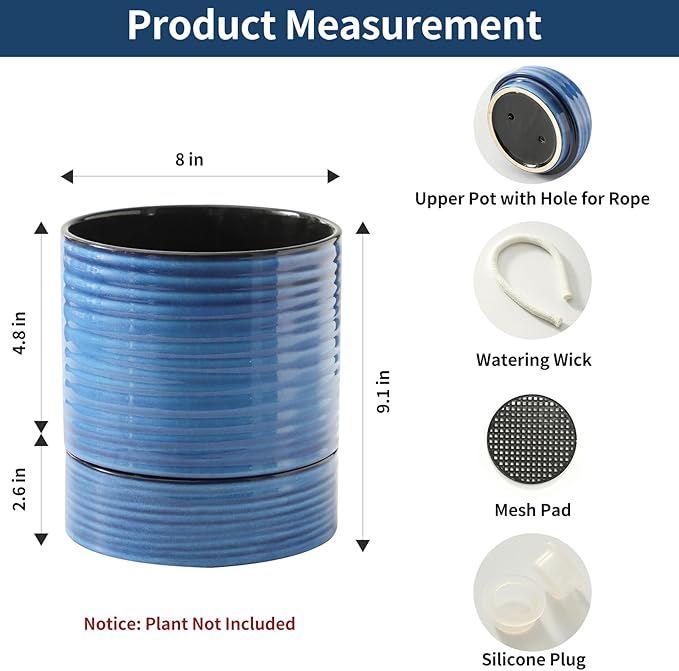 Hasense Large Self Watering Plant Pot, 8 Inch Porcelain Planter with Drainage Hole and Water Storage Plus for Outdoor & Indoor House Plants and Garden, Round Flower Pots for Home or Office Decor, Blue