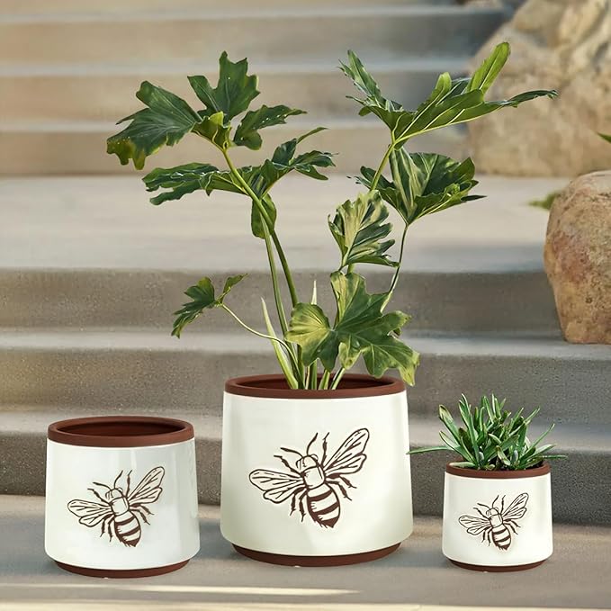 YBX Terracotta Pots Inch with Drainage Holes, Bee Decor, Ceramic Pots for Indoor Plants Flower Pots Outdoor, Succulent, Herbs, Snake Plants (White, 8+6+4 Inch)