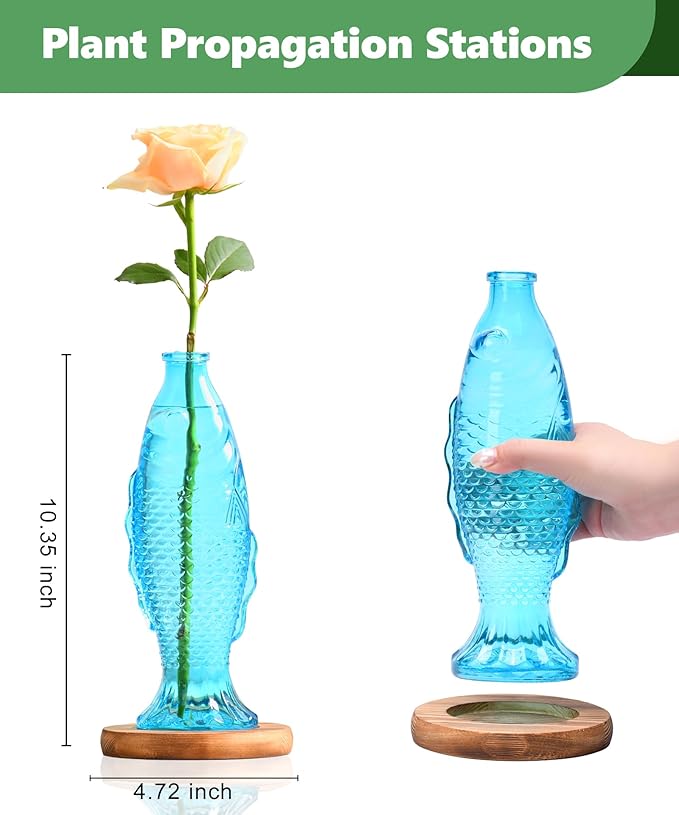 Nacome Fish Vase Propagation Stations: Glass Plant Terrarium with Wooden Stand for Home Office Desk Decor, Unique Gifts for Plant Lovers Women Mom (Blue)