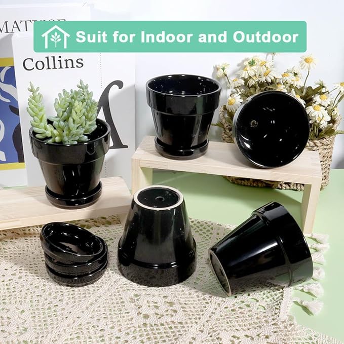 vensovo 4 Inch Black Ceramic Pots for Plant with Saucer - 6 Pack Small Ceramic Planter with Drainage Hole, Flowerpot with Tray, Great for Indoor Outdoor Plants, Crafts, Wedding Favor