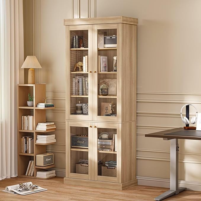 Vyre 70.8" Tall Brown Bookshelf with Glass Doors, Farmhouse Modular Bookcase with 6-Tier Adjustable Shelves, Large Storage Cabinet for Home Office, Living Room, Set of 3