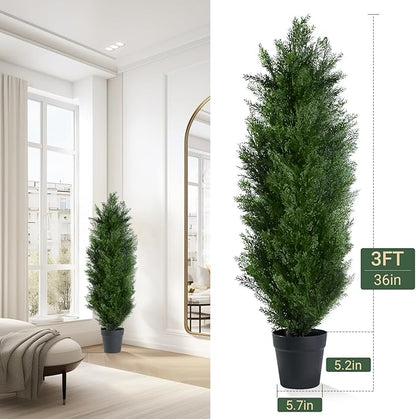 3FT Artificial Topiary Cedar Trees with Pot, Fake Cedar Christmas Tree for Indoor Outdoor Holiday Décor, UV Resistant Faux Evergreen Plant for Porch, Garden, Office, Home Festive Decoration,2Pack