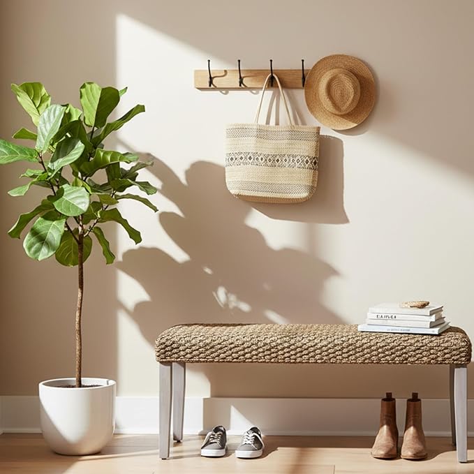Solid Wood Acacia Bench with Natural Woven Seat, Boho Bench Entryway, Wood Bench for Living Room, Porch Lawn Garden Yard or Entryway (Plait Style - Grey Leg, Water Hyacinth)