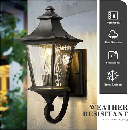 Emliviar Outdoor Light Fixture Wall Mount, 15 Inch 1-Light Exterior Wall Sconce Light with Water Ripple Glass, Black Finish, XE292UB-SW BK