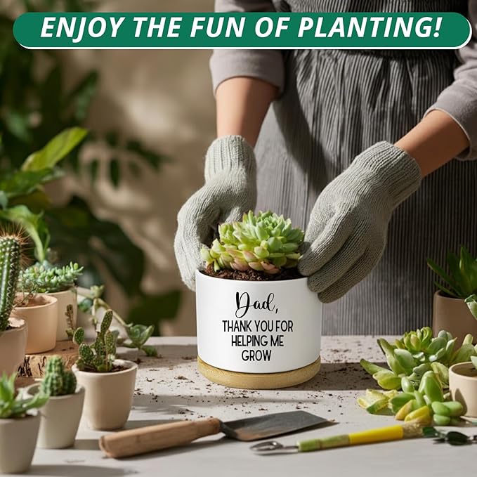 Thank You Dad for Helping Me Grow Ceramic Planter, 3.5 Inch Funny Flower Pots for Succulents, Cactus, Indoor Plants, Unique Gifts for Dad with Drainage Hole & Wood Tray (Plant Not Included)