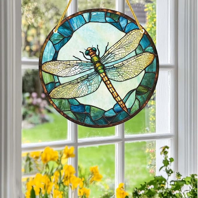 Acrylic Stained Window Hanging Dragonfly Acrylic Decoration for Indoor Outdoor Home Bar Office Garden Plastic Ornament Decor 8x8 Inch